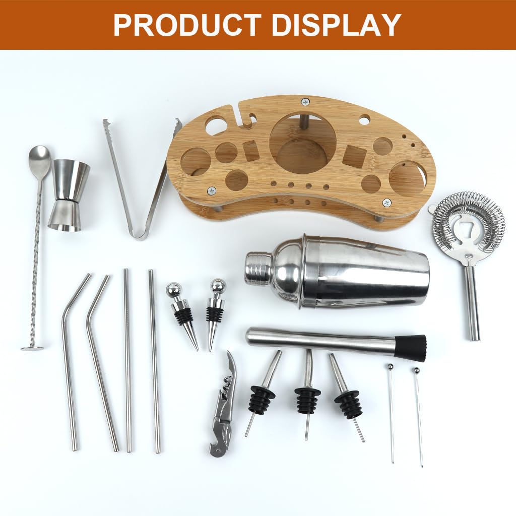 Supvox® 19Pcs Cocktail Shaker Set, 550ml Stainless Steel Cocktail Shaker Muddler, Strainer, Jigger, Spoon, Ice Tools, Wooden Holder, Complete Bartender Kit for Home Bar & Beginners