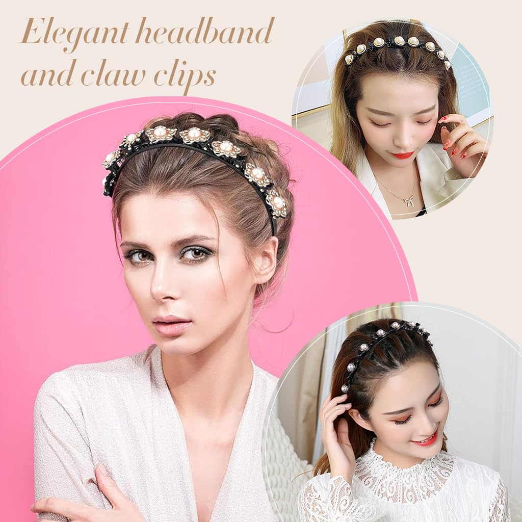 Venzina Double Layer Twist Plait Headband Set featuring 8 Claw Clips for Women and Girls