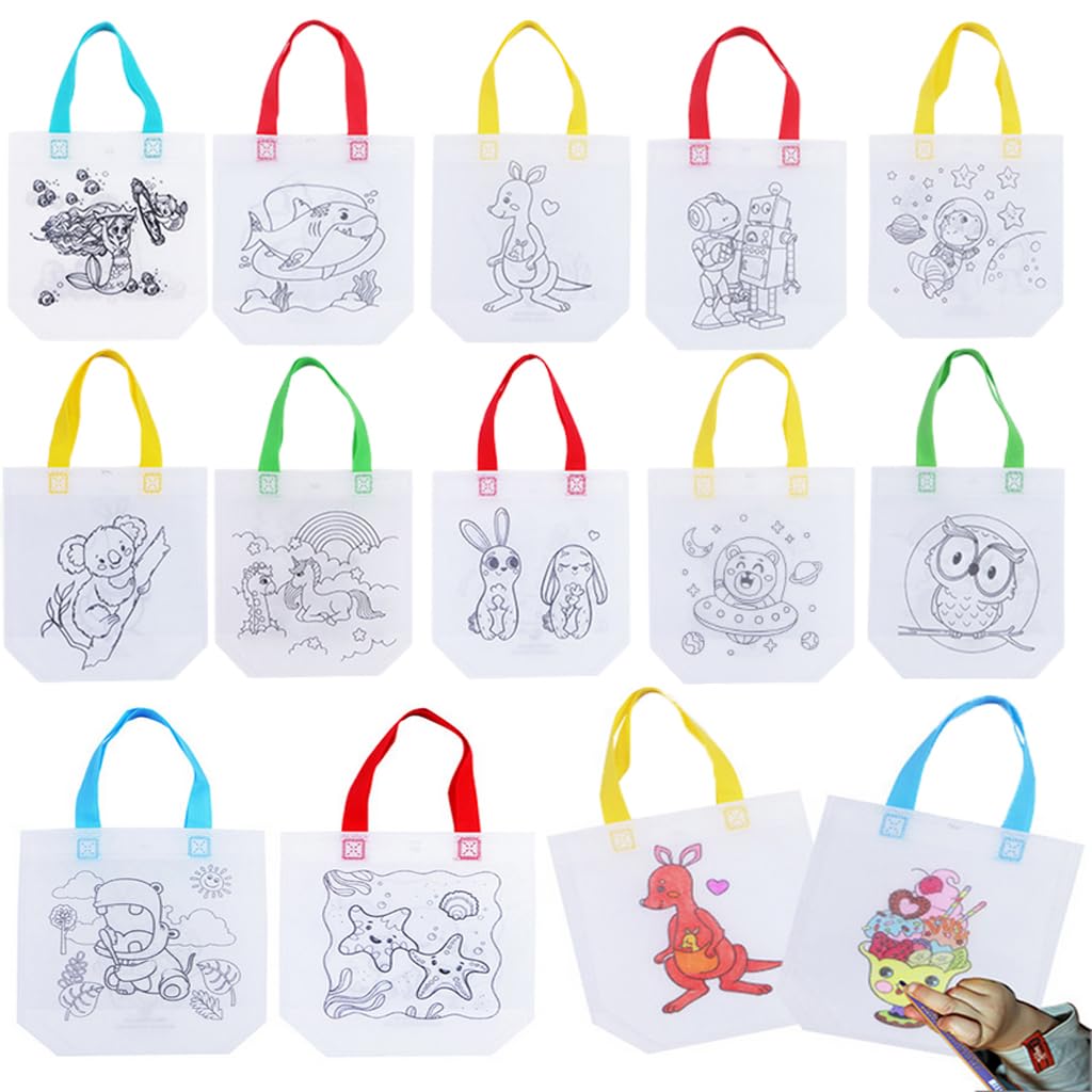 HASTHIP® DIY Painting Bags for Kids Set of 12Pcs Non-woven Pre-outlined Cartoon Doodle Hand Bag Coloring Craft Kit Kids Reuseable DIY Coloring Handbags