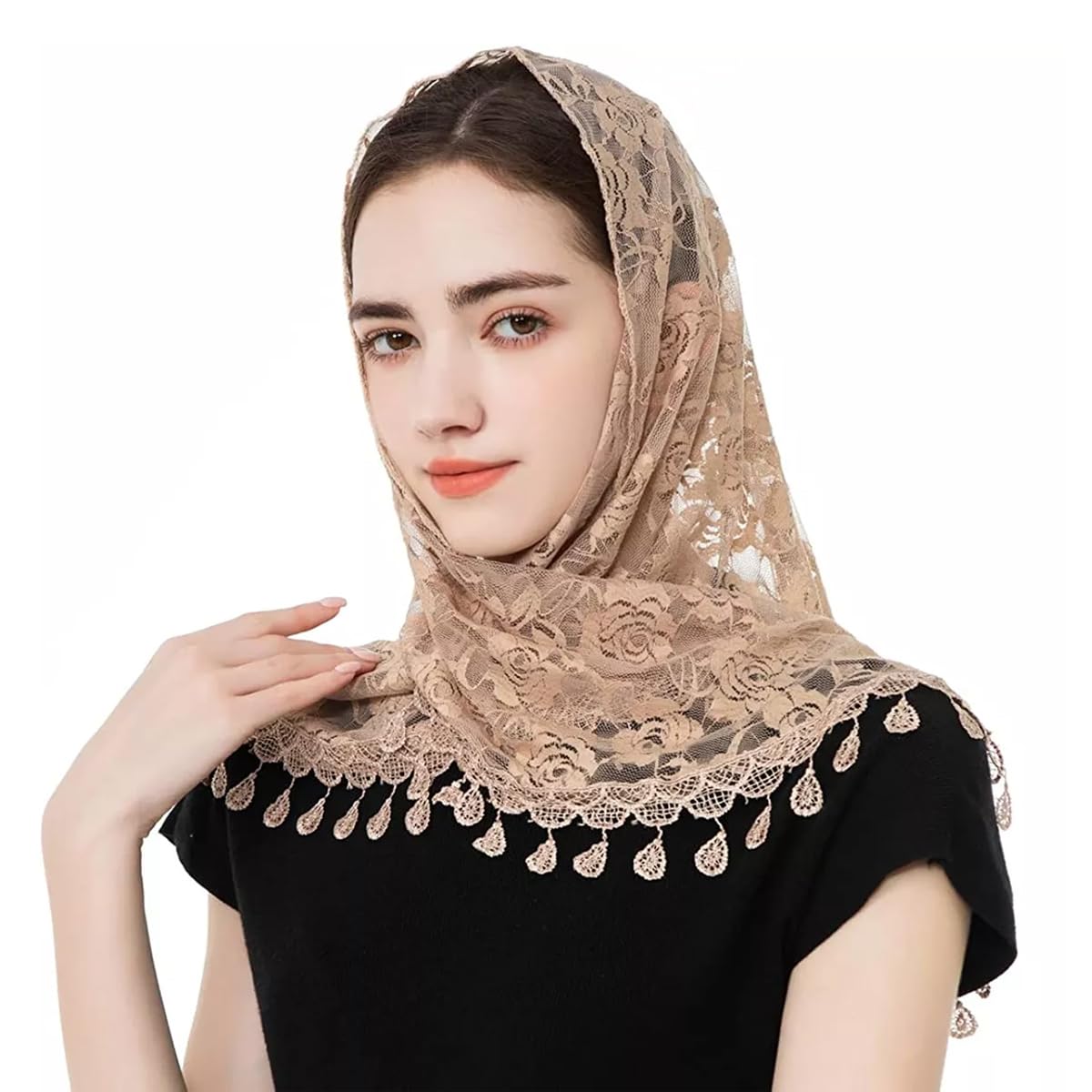 PALAY® Mass Veil for Women, Triangle Chapel Mantilla Lace Veil Shawl, Embroidery Rose Tassle Head Scarf Covering, Ladies Church Cathedral Headwear(Brown)