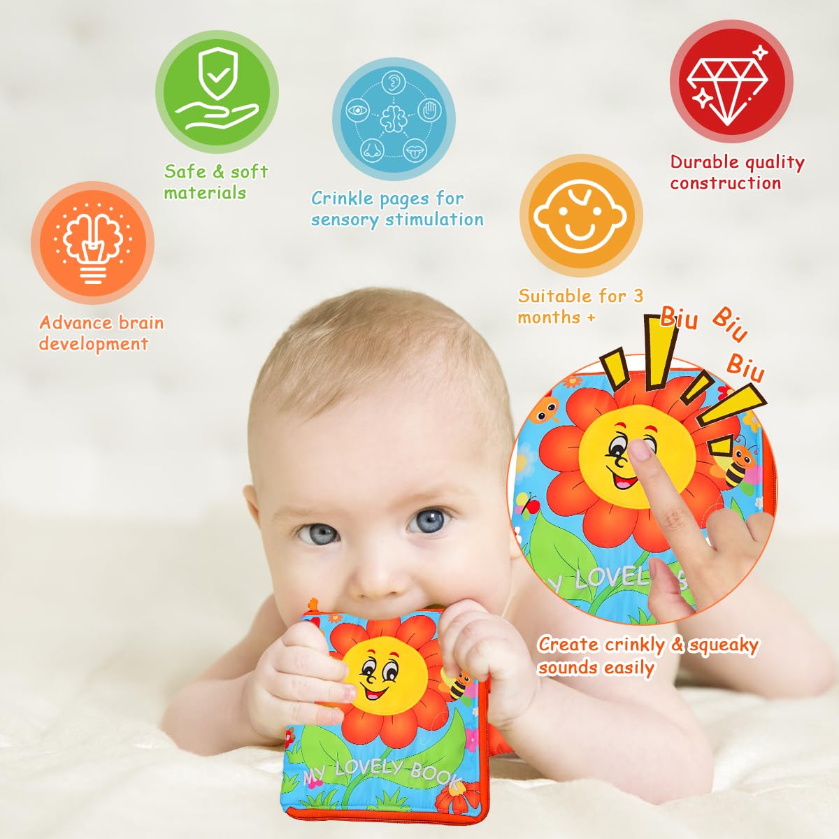 SNOWIE SOFT Baby Cloth Book for Early Learning with Zip-up Handle and 6 Pages | Soft Safe Fabric for 3–18 Months