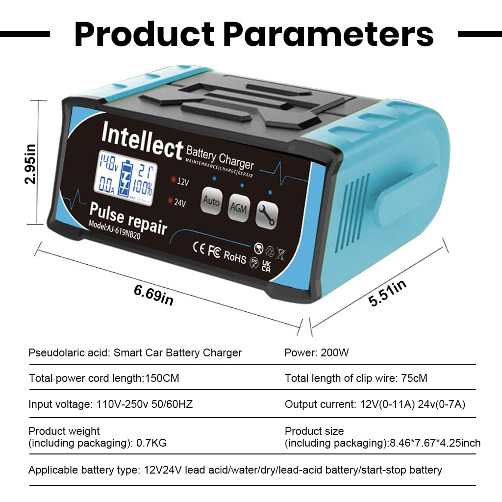 STHIRA® Battery Charger 12V/24V Intelligent Car Battery Charger Battery Repair Charger Plug and Go Battery Charger LCD Multifunctional Car Battery Charger Portable Battery Charger