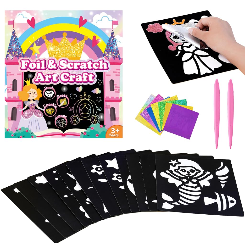 PATPAT DIY Foil and Scratch Kit for Kids with 12 Art Sheets and 80 Glitter Papers | 2 in 1 Creative Craft Set