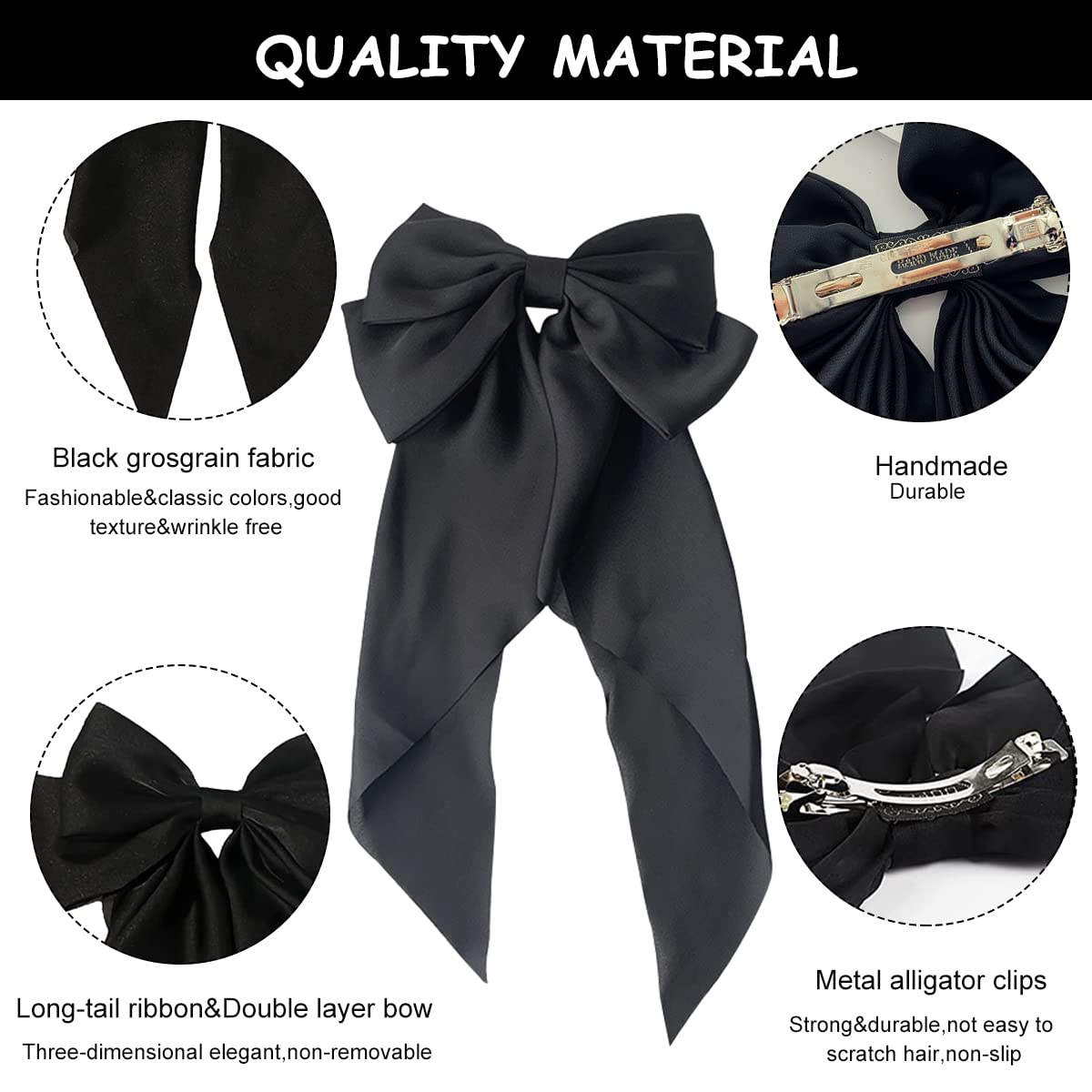ZIBUYU Large Satin Hair Bow Clip for Women with Long Tail and Spring Snap | Elegant Black Accessory