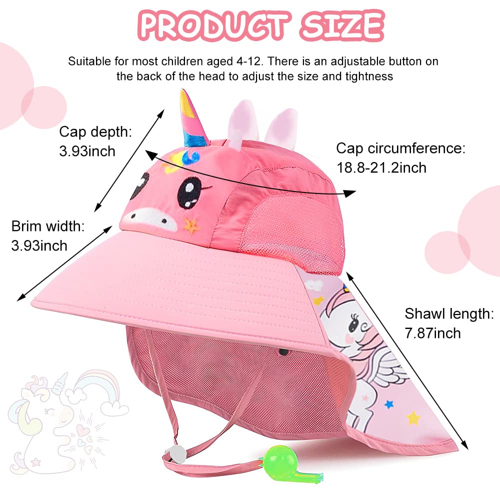 GUSTAVE Kid Hat Wide Brim Bucket Hat for Kids, Breathable Kid Hat with Back Neck Cover for 4-12 Year-old Kids, Cartoon Unicorn Hat, Outdoor Hat with Whistle for Spring Summer, Beach Hat for Girl Boy