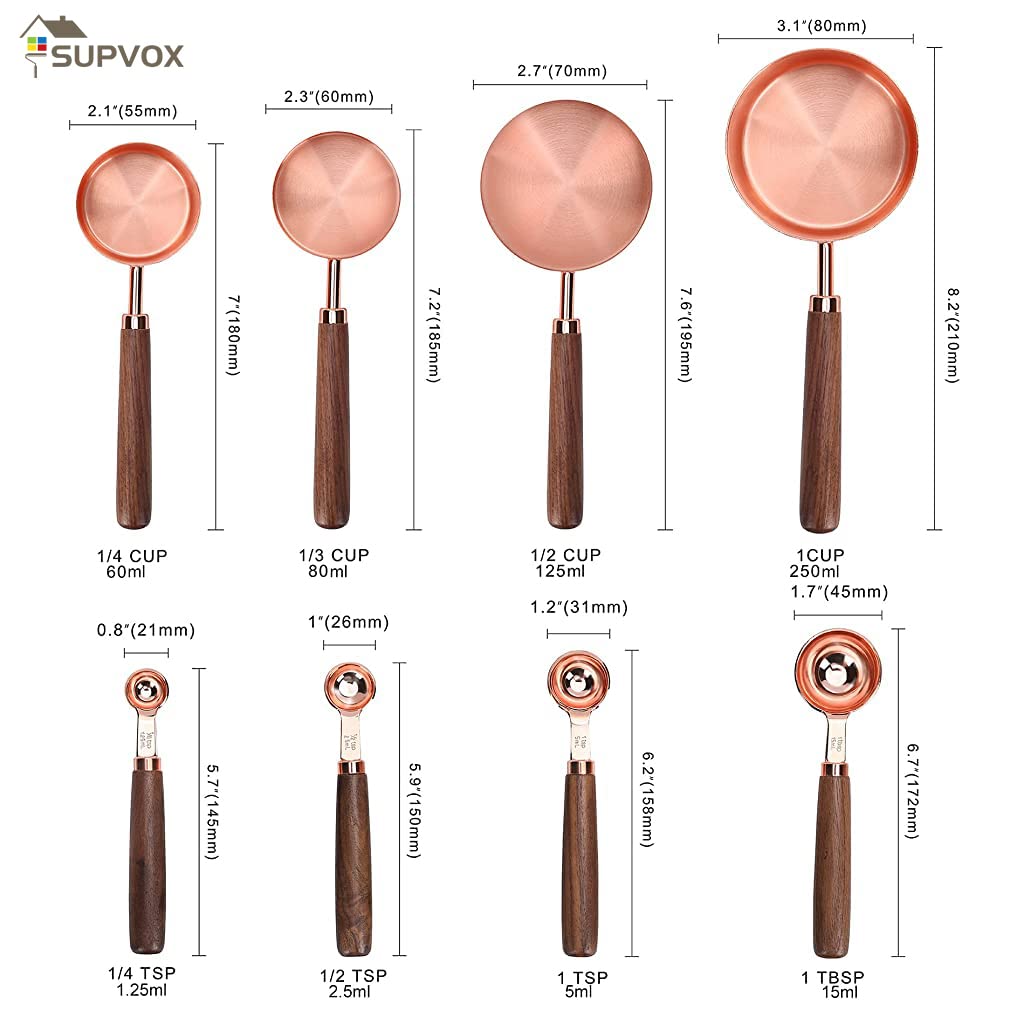 Supvox® 8Pcs Measuring Cups and Spoons Set, Stainless Steel Measuring Cup with Wood Handle, Rose Gold Polished Finish, 60ml/80ml/125ml/250ml/1.25ml/2.5ml/5ml/15ml, for Cooking and Baking