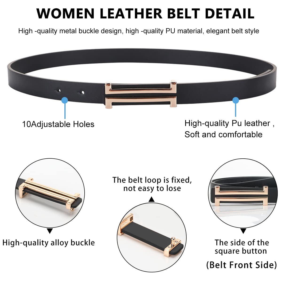 GUSTAVE® Black Fashion Leather Simple Slim Belt Buckle Waist Belt for Women for Dresses,Pants,Jeans