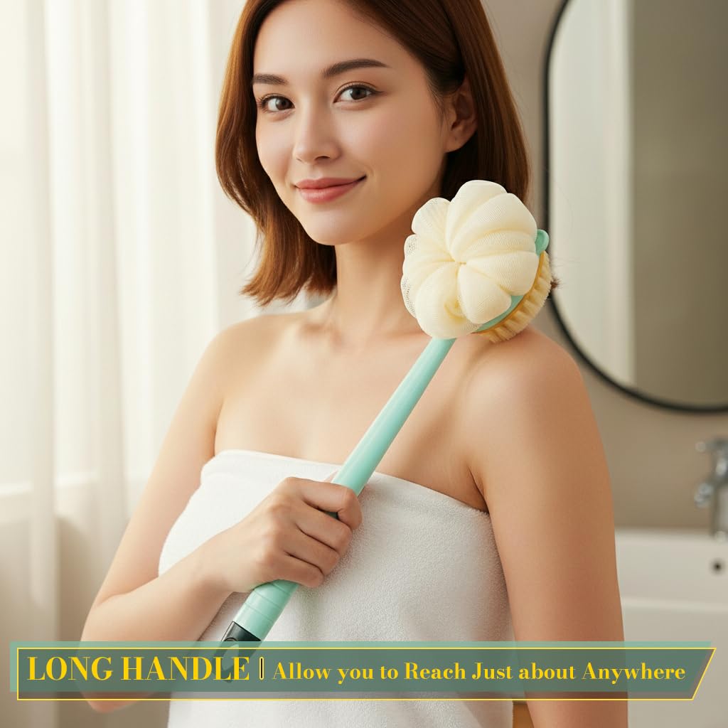 MAYCREATE Bath Back Scrub Brush with Dual Sided Puff and Textured Exfoliating Surface | Ergonomic Long Handle for Women and Men
