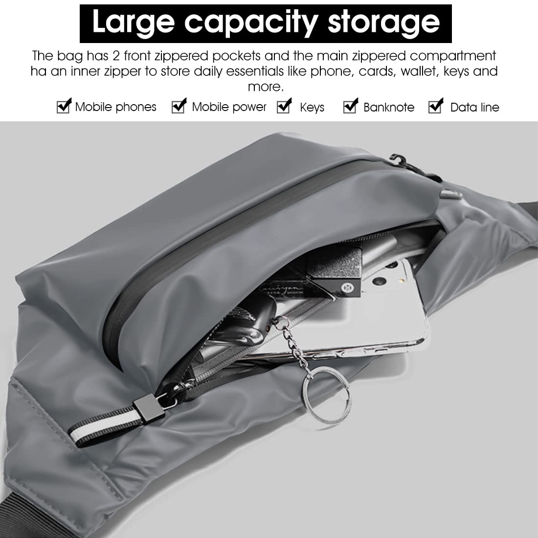 GUSTAVE Fanny Waist Bag for Travel with 2 Pockets and Earphone Cable Port | Gray PU