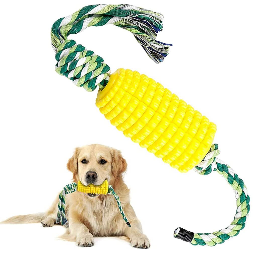 Qpets® Dog Chew Toys, TPR Corn Chew Toy for Dog Teething Chewing Toy with Cotton Ropes, Sturdy Chew Toys, Interactive Pet Toys Gift Toy for Dog Small Puppies and Medium Dogs