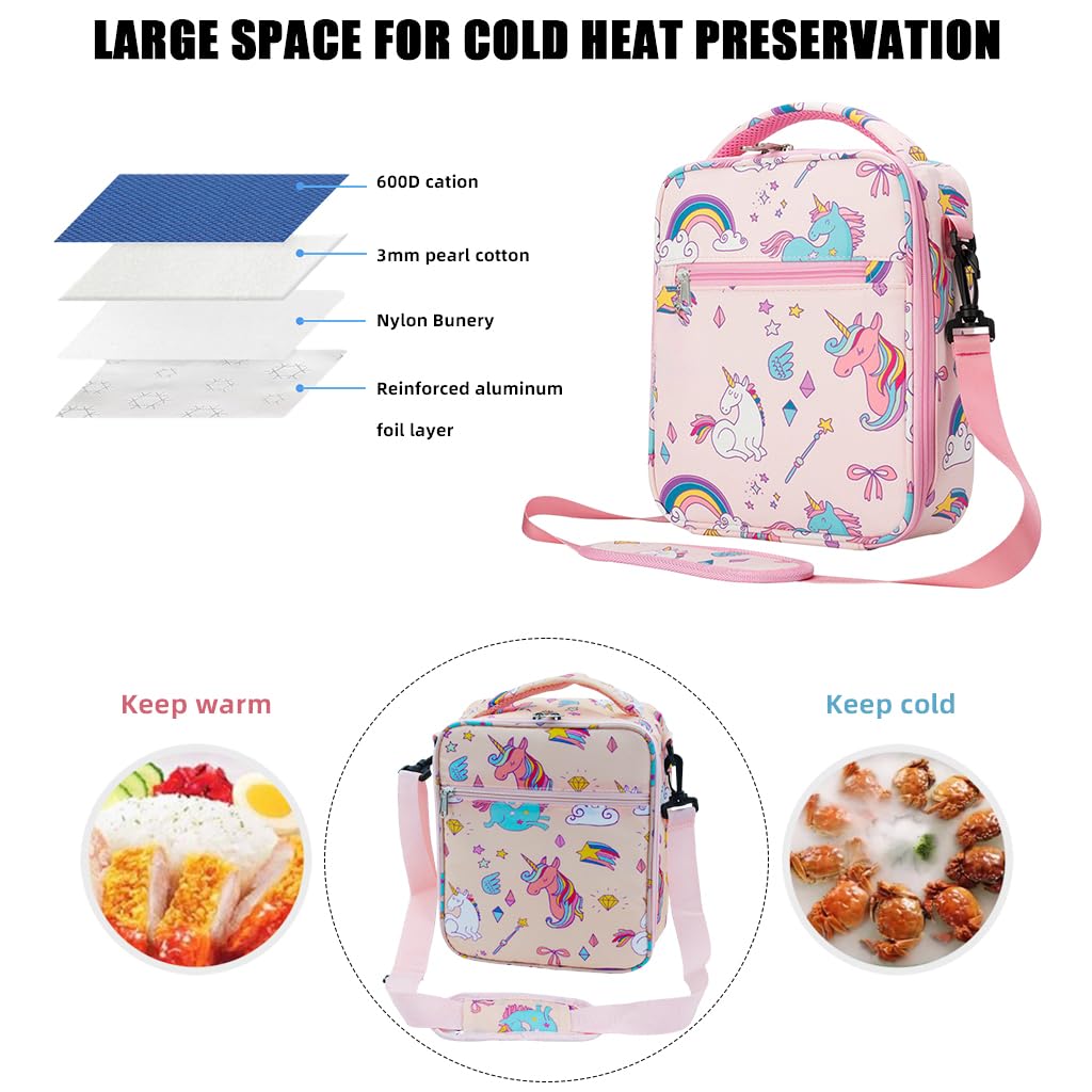 HASTHIP® Lunch Box for Kids Girls Insulated Lunch Bag, Pocket Pink Unicorn Print Thermal Lunch Tote Bag with Shoulder Strap for School Thermal Meal Small Lunch Tote Toddler Rainbow Lunchbox