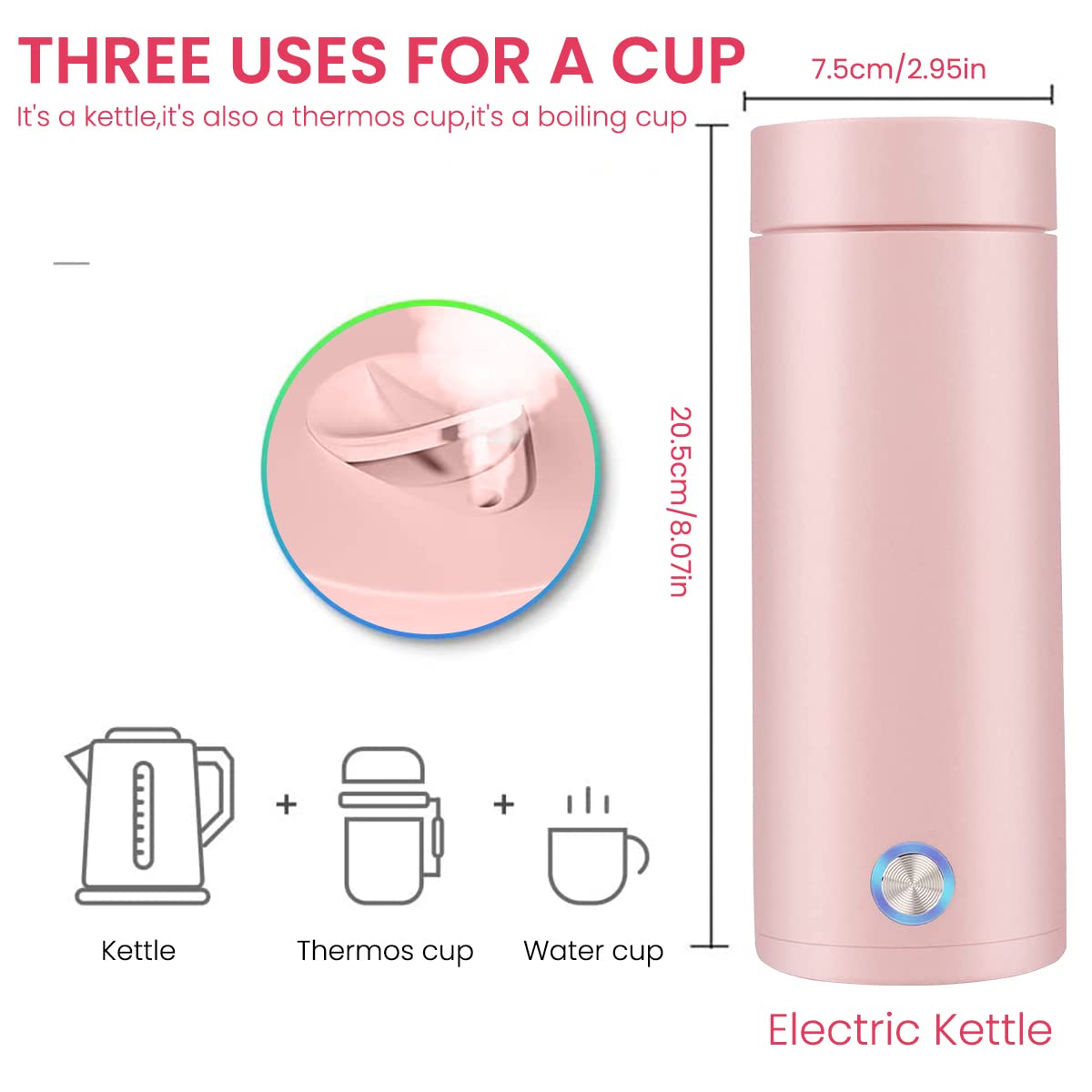 HASTHIP Electric Travel Kettle 0.4 Litre Electric Kettle 304 Stainless Steel Portable Electric Kettle Multipurpose Thermos Cup for Milk, Tea, Leak-Proof Waterproof Electric Kettle, Pink