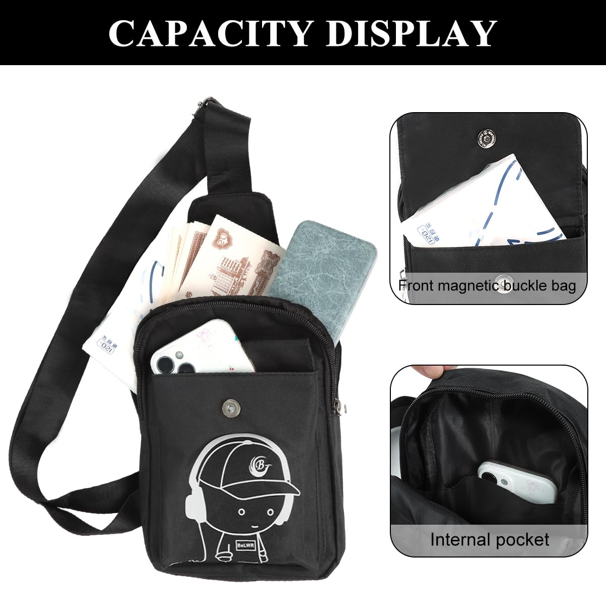 GUSTAVE Sling Bag for Travel and Daily Use with USB Charging Port and 12x3x17.5cm Design | Black Luminous Pattern for Men