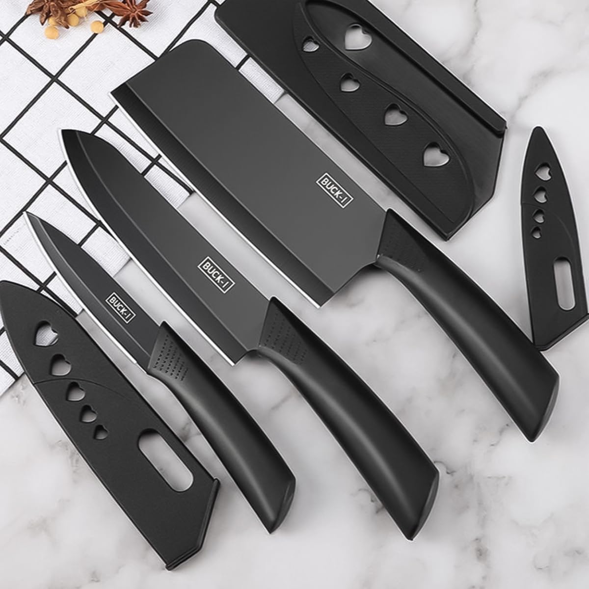 Supvox® 3 Pieces Kitchen Knife Set with Sheaths, Professional Stainless Steel Chef Knife Set, Ultra Sharp Knives for Kitchen with Ergonomic Handle (Black)