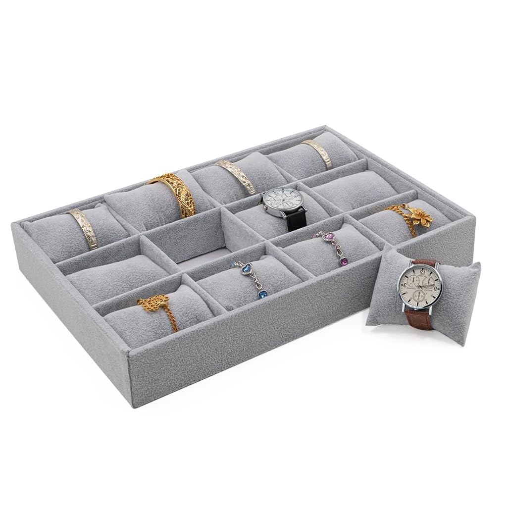 MAYCREATE Velvet Watch Box Organizer with 12 Slots and Adjustable Pillow | 35.5x24.5x5cm Stackable Jewelry Storage for Men and Women