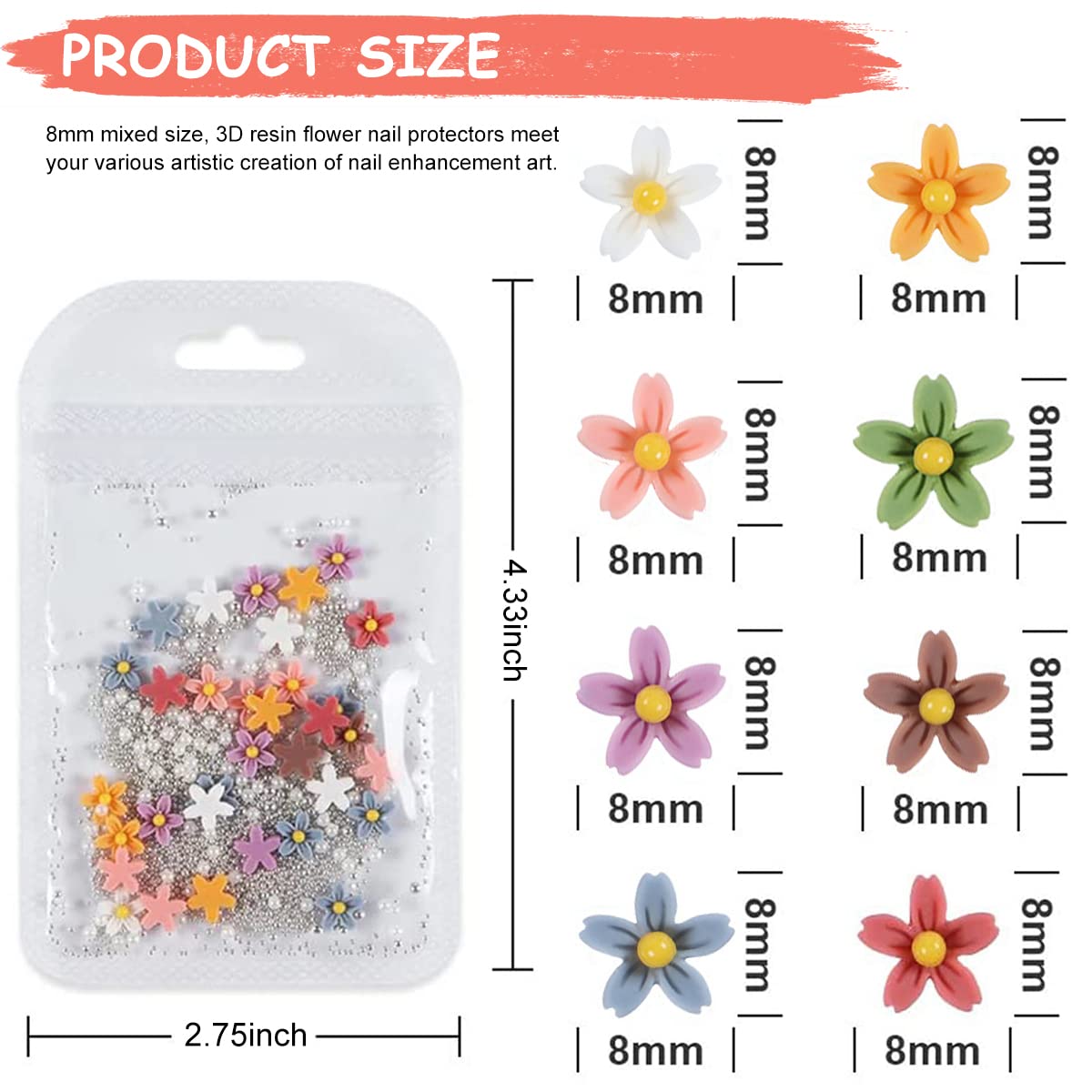 MAYCREATE 3D Flowers for Nail Art Kit with Silver Pearl Beads 8mm Resin Charms for DIY Design