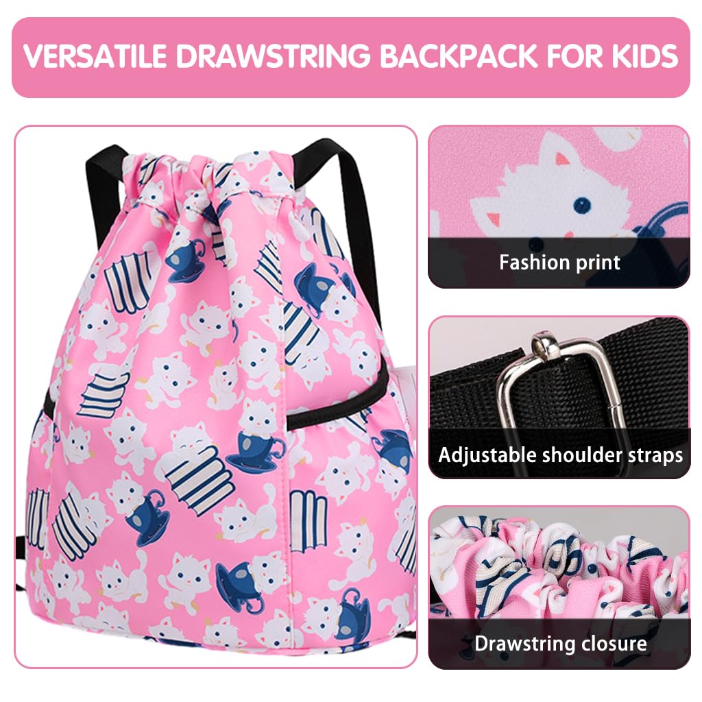 PALAY Drawstring Backpack for Kids with Adjustable Shoulder Strap and Pink Cartoon Print | 28x36cm Waterproof Nylon Bag