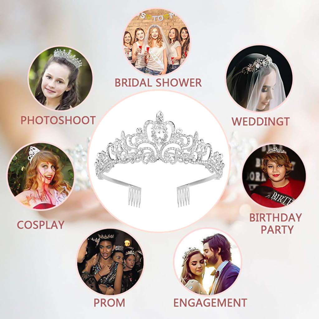 PALAY Tiara Crown for Wedding and Party with Side Combs featuring 13cm Width | Silver Crystal Headband for Women and Girls