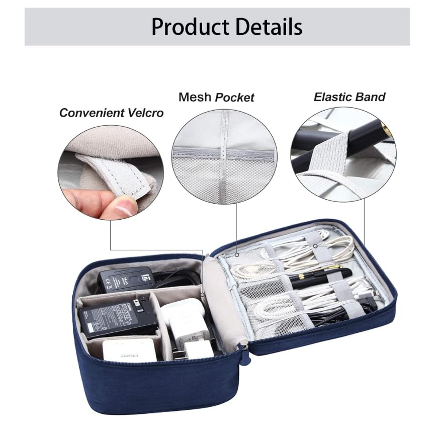 Zibuyu Electronics Travel Organizer Bag with Dual Layer Storage and Adjustable Dividers | Royal Blue Waterproof Case for Cables and Tablets