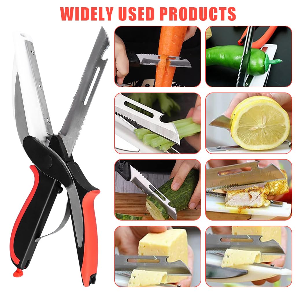 HASTHIP® Vegetable Scissors, Food Cutter Choppers Meat Scissors Kitchen Shears, Quick Vegetable Slicer with Cutting Board Knife Kitchen Must Haves Chopping Scissors for Kitchen