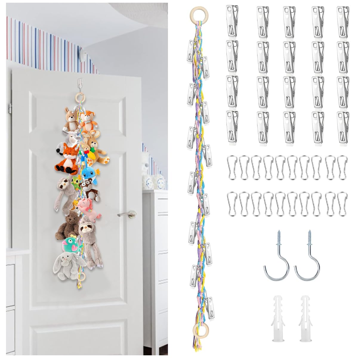 PATPAT Plush Stuffed Doll Organizer Rope with 20 Clips & Dual Wooden Loops, 6.6ft for Toy Storage