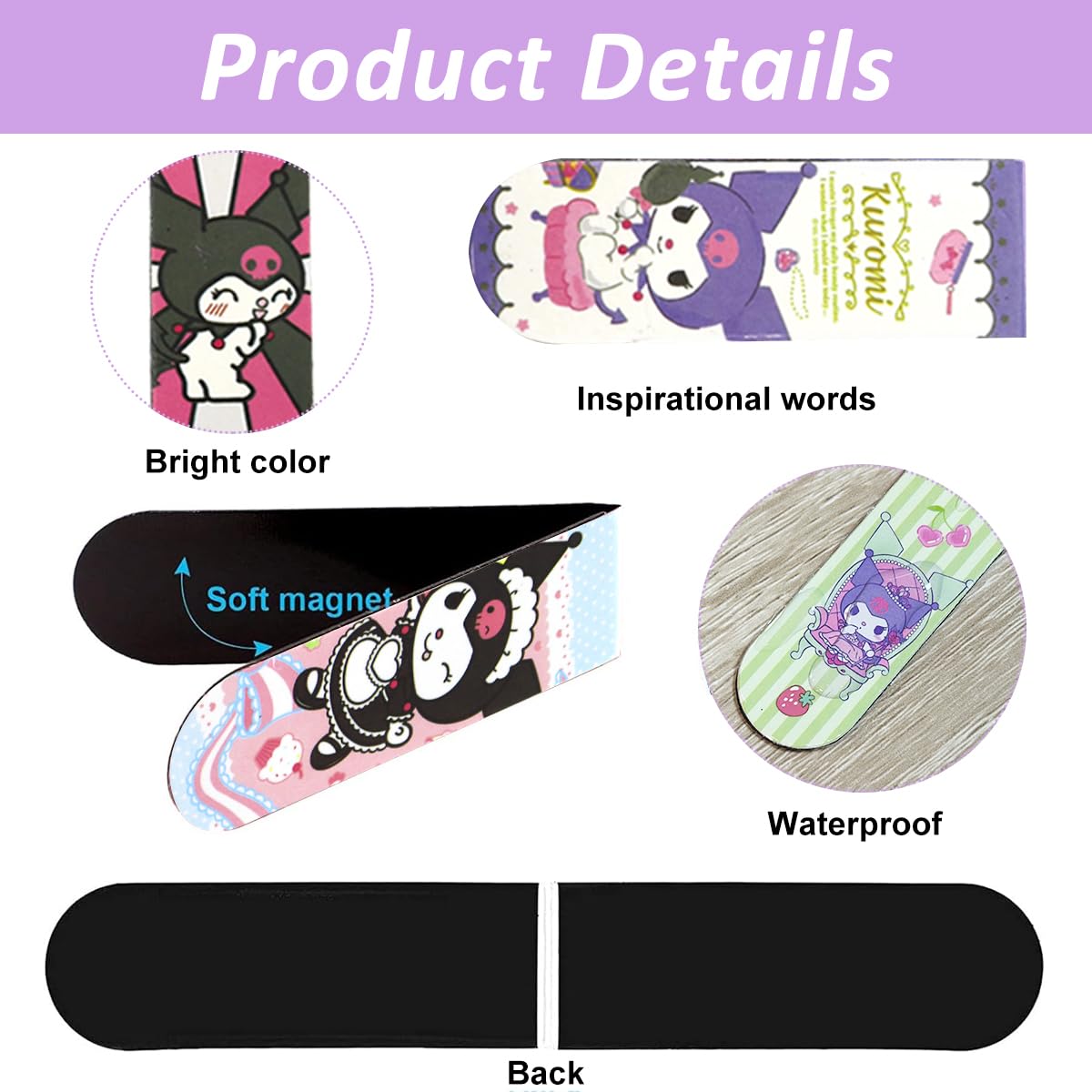 Climberty® 6Pcs Kuromi Magnetic Bookmarks - Kawaii Bi-fold Tear-Resistant Bookmarkers, Adorable Cartoon Reading Companion & Study Tool Gift