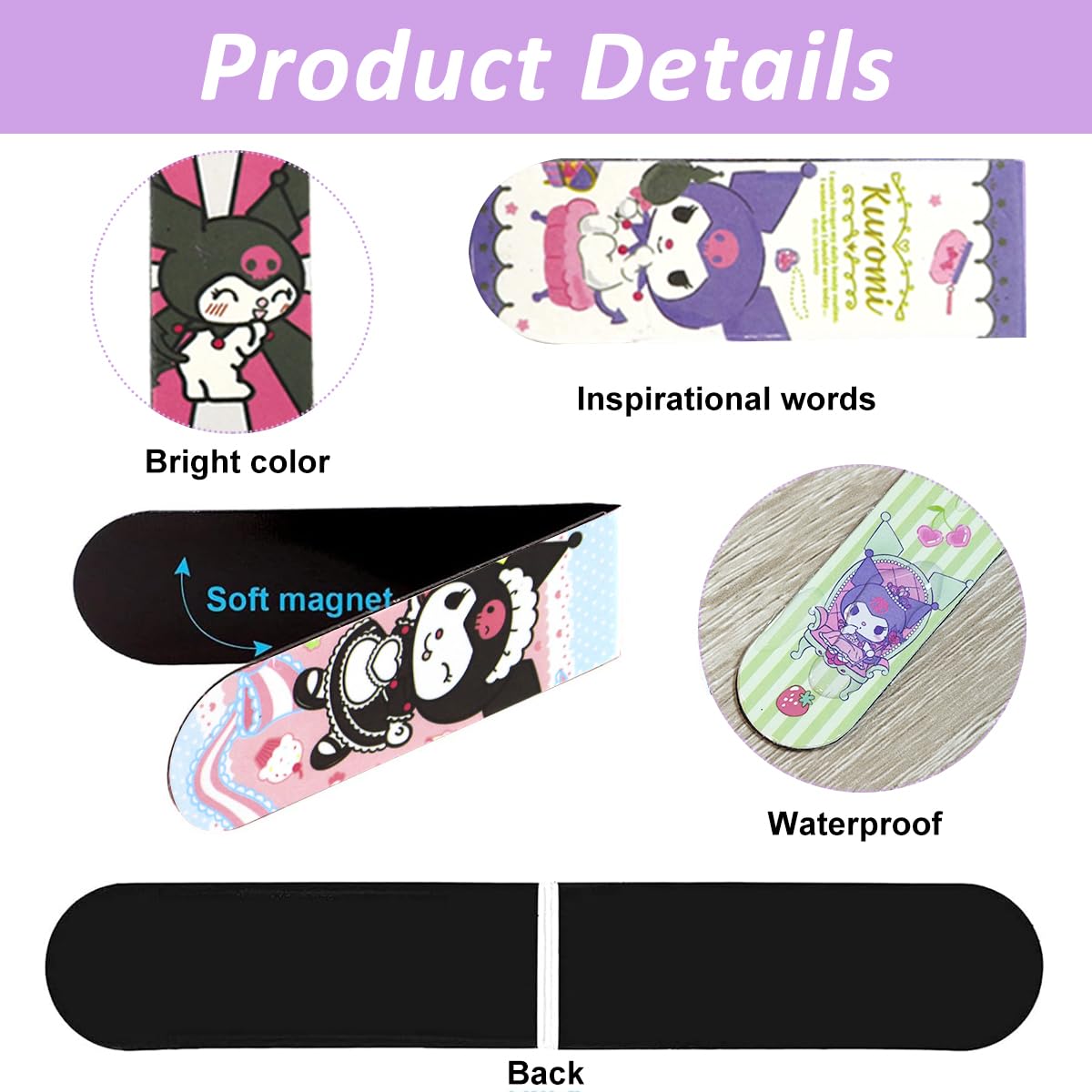 Climberty Magnetic Bookmarks 6 Pcs for Reading with Strong Grip and Tear Resistant Design | Cute Kuromi Gift for Students