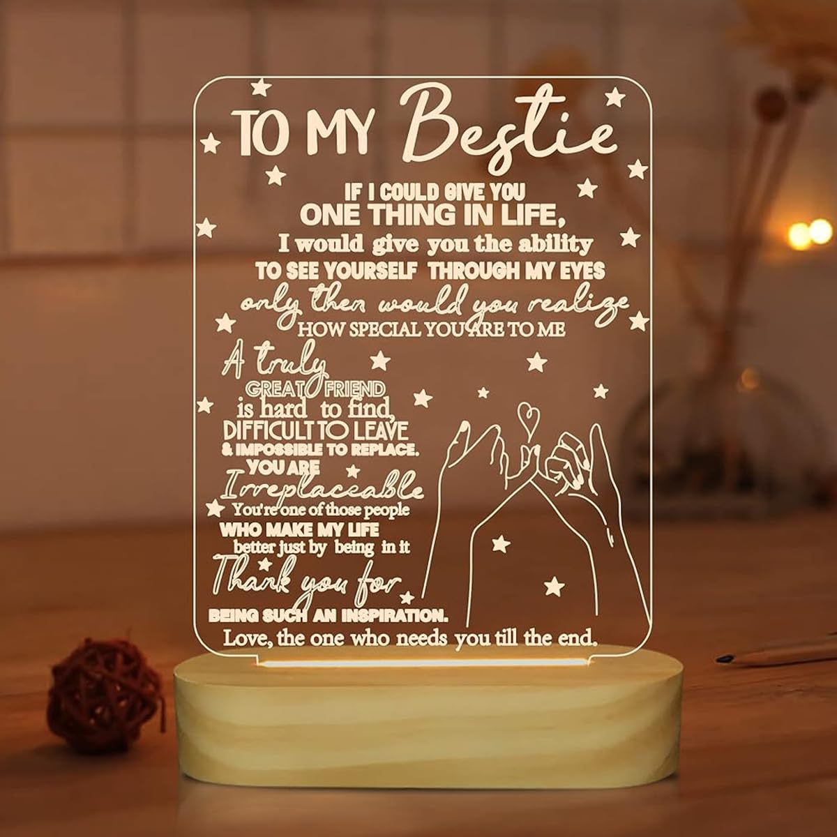 ELEPHANTBOAT® LED Acrylic Night Light Board with Wooden Base, 'To My Bestie' Friendship Gift, 3D Illusion Lamp I Love You Friends Night Light for Best Friend Sister Girls Birthday Friendship Gift