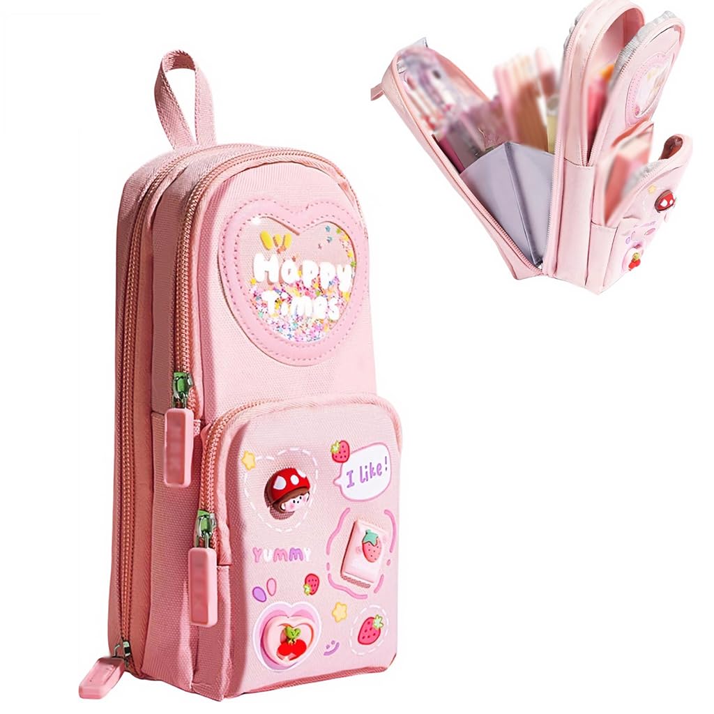 Zibuyu Pencil Pouch for Girls with 6 Layers and 3 Compartments Pink Canvas | Kawaii Organizer