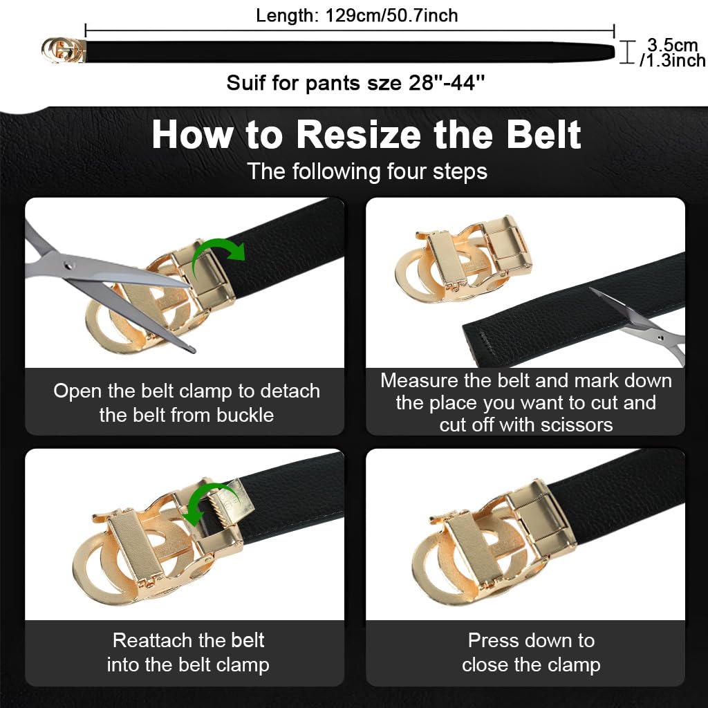 GUSTAVE Leather Belt for Men with Auto Lock Gold Buckle 130cm Length | Embossed Black Style