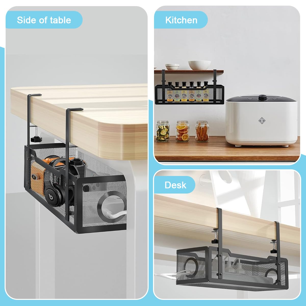 Climberty Adjustable Under Desk Cable Organizer for Home Office with Screw-Fixed Metal Rack | Black