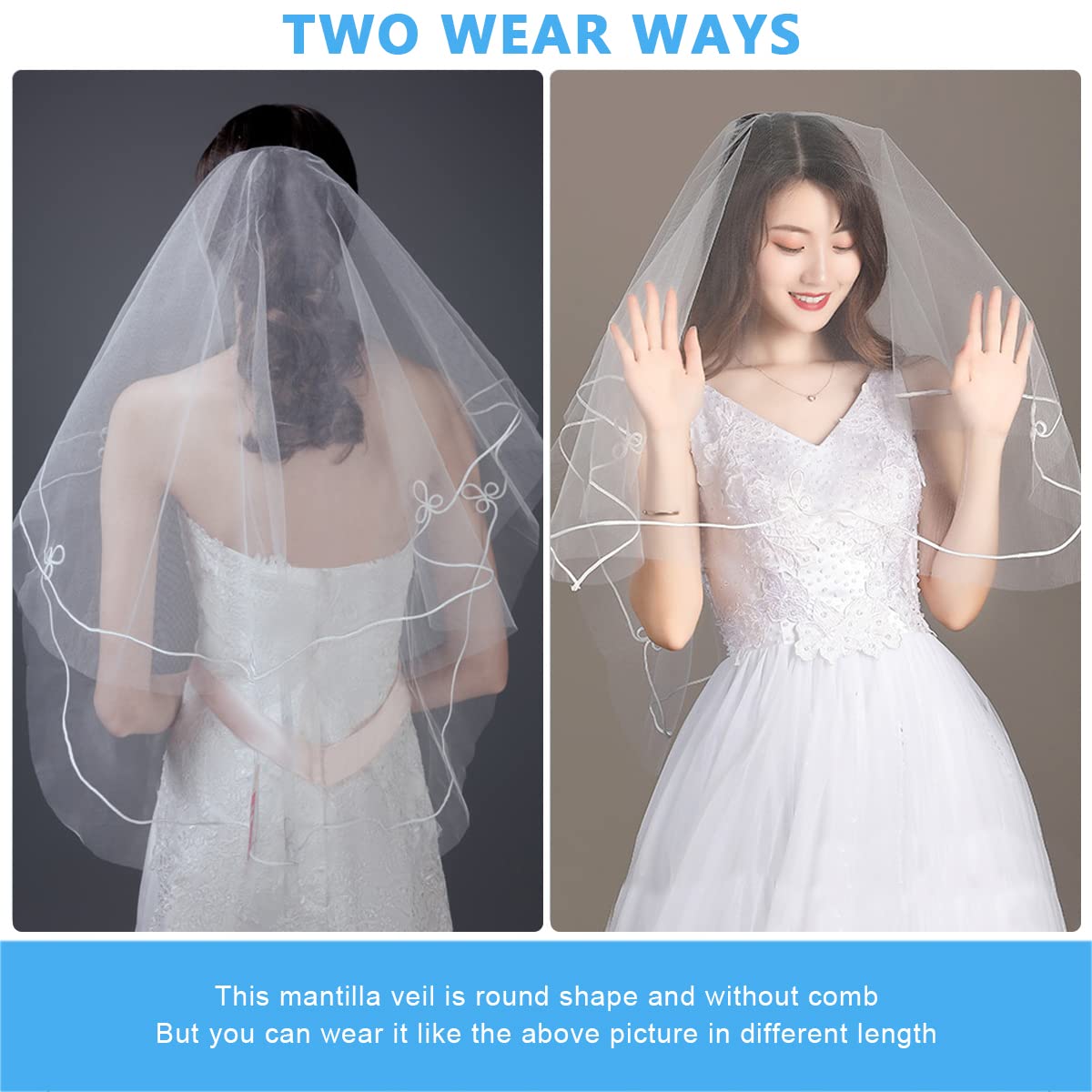 PALAY® Bridal Veil for Wedding White 1.5m Elegant Bridal Veil for Christian Wedding Veil Bride Center Cascade Edged Tulle Short Veil