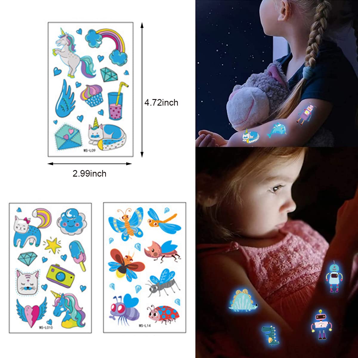 MAYCREATE® 20 Sheets Waterproof Cartoon Temporary Tattoo Sticker Night Glow Sticker,Marine Theme Cartoon Sticker for Boys Girls Sticker