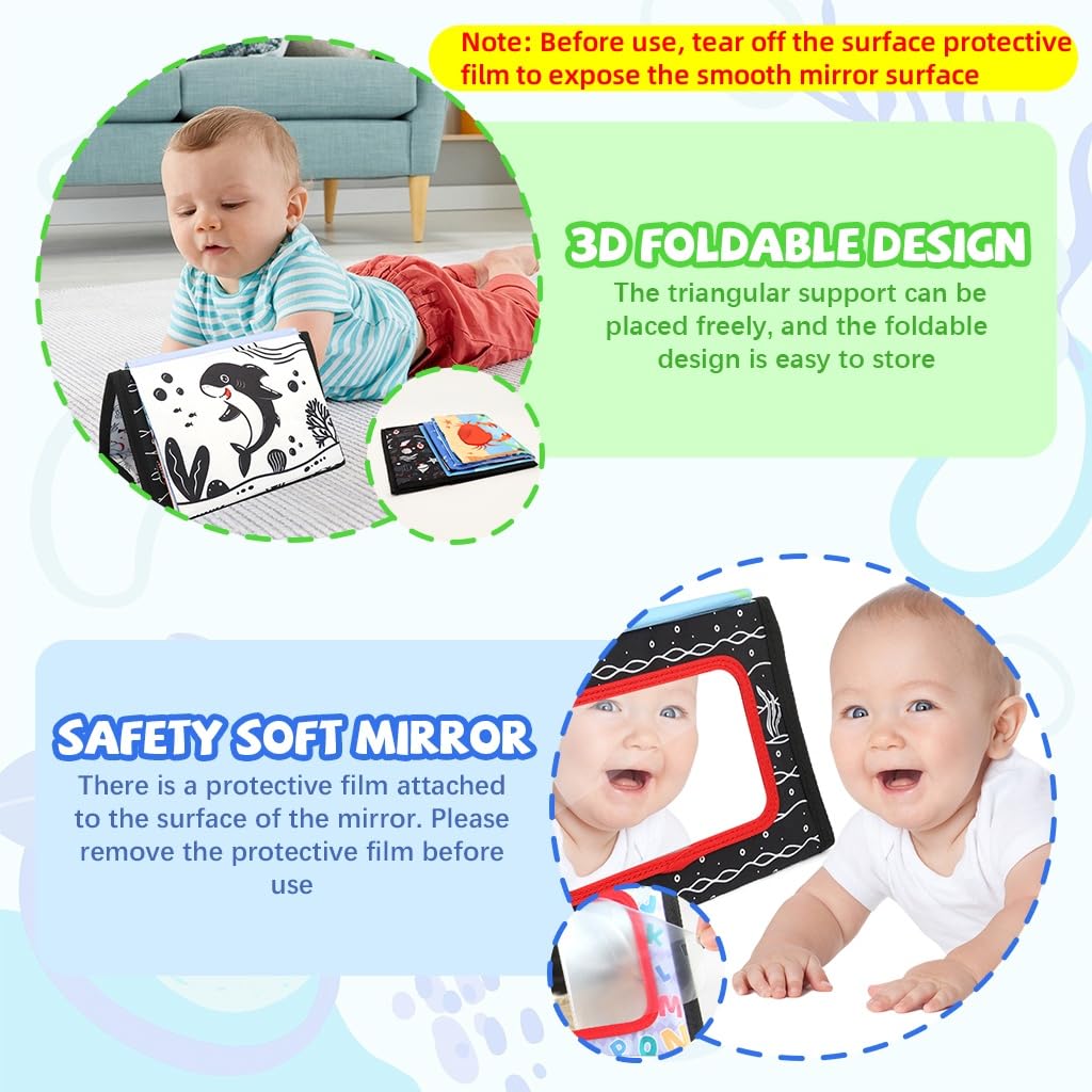 SNOWIE SOFT Cloth Books for Babies with 3D Ocean Animal Pages and Crinkle Mirror Toy | 2PCS