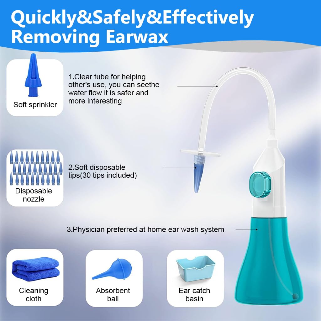 HANNEA® Manual Ear Rinser Kit Long Tube Ear Canal Irrigator for Adults & Kids Ear Cleaning Rinser with 30Pcs Single-Hole Nozzles, 1 Five-Hole Nozzle, Towel, Silicone Water Sucker, Water Basin