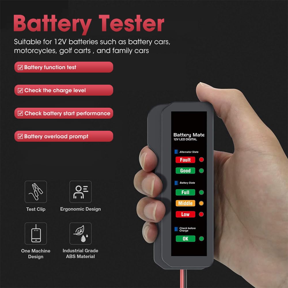 STHIRA® 12V Car Battery Tester Alternator Tester Automotive, Battery Monitor Analyzer Universal Vehicle Battery Tester with LED Indicator Car Battery Trouble Shooting with Reserve Protection