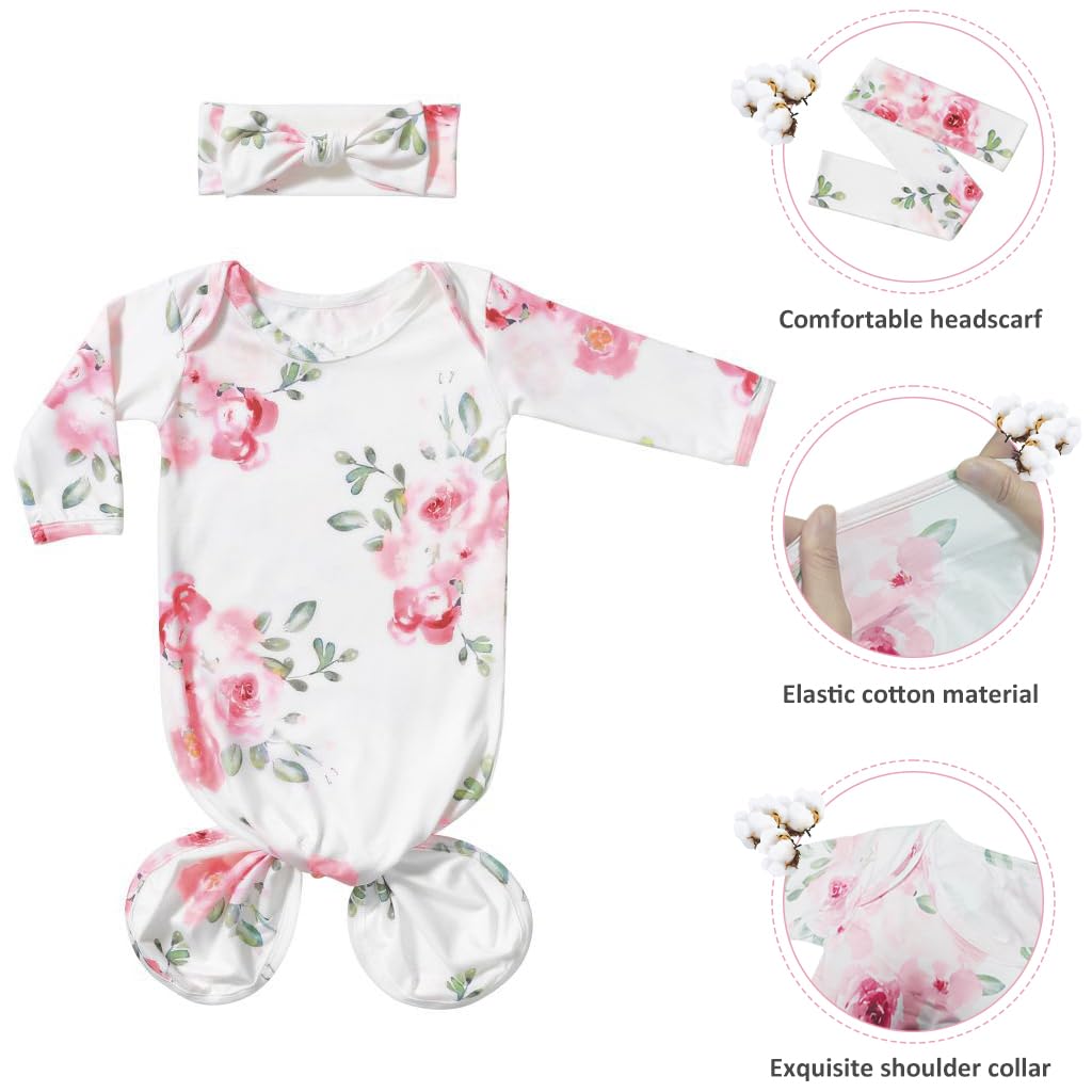 SNOWIE SOFT Swaddle for New Born Baby with Knotted Nightgown and Floral Headband Set | 0–3 Months