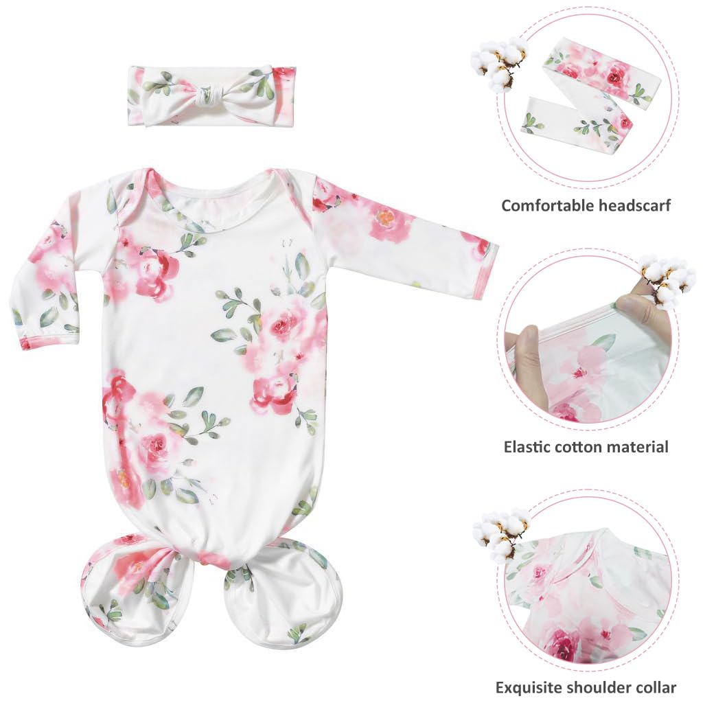 SNOWIE SOFT® Baby Girls Swaddle Knotted Infant Gown and Headband Set Cute Flower Print Infant Girls Swaddle Infant Girls Gown for 0-6 Months Soft Breathable Baby Girls Swaddle Shower Gift