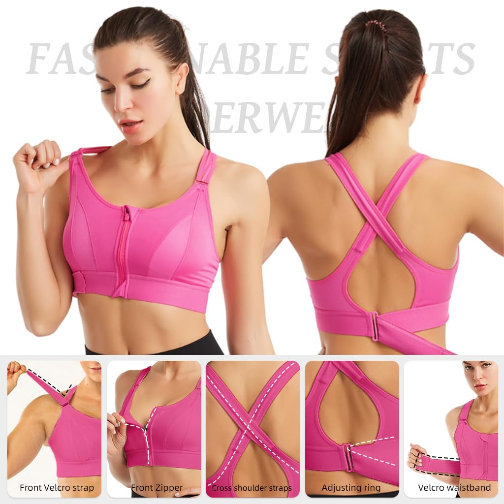 PALAY Sports Bra for Women with Front Zip Racerback Support and Pink Polyester Fabric