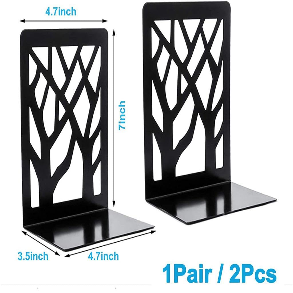 ZIBUYU Metal Bookends for Desk with Non Slip Rubber Base and Tree Design | 2Pcs 16cm Black