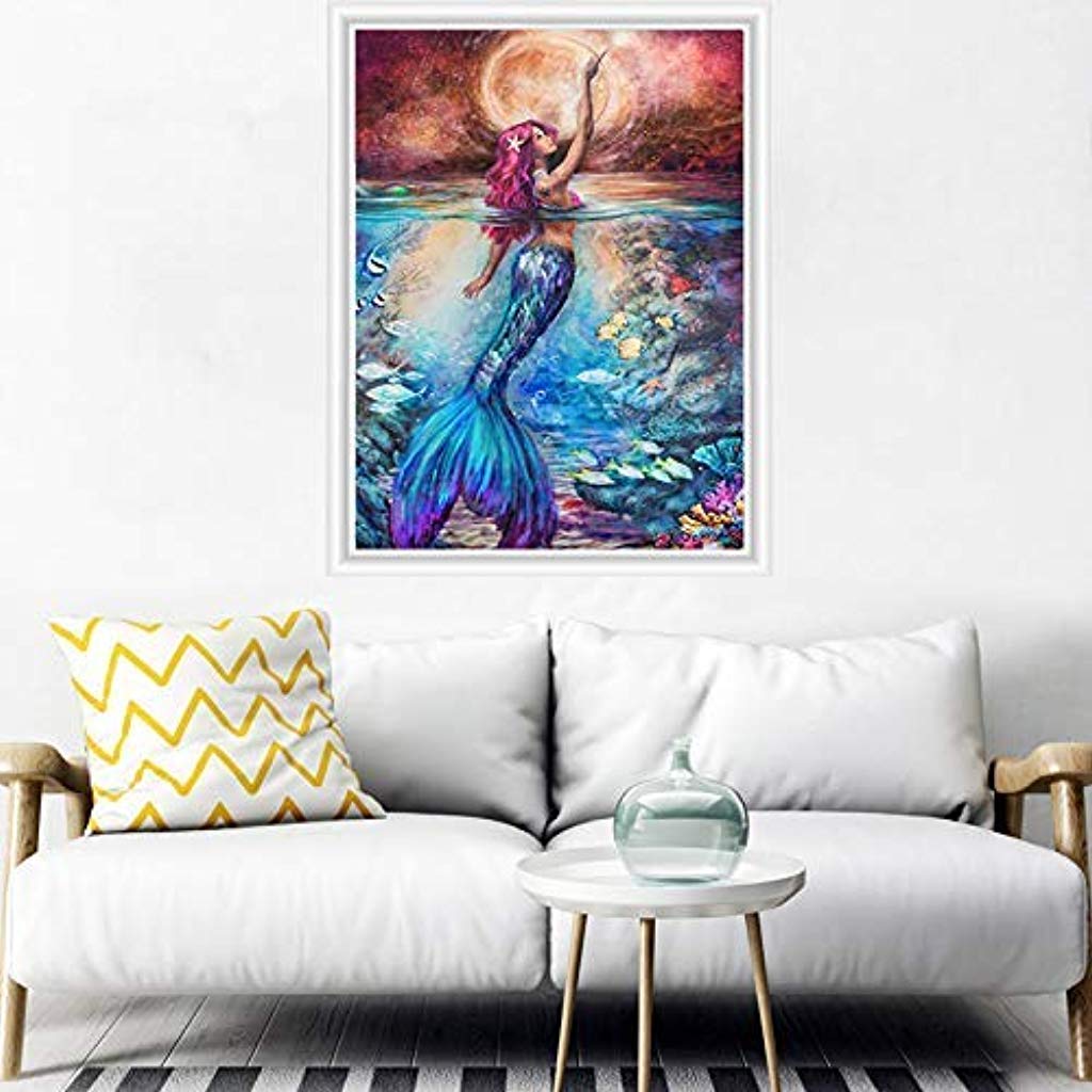 HASTHIP® DIY 5D Full Drill Diamond Painting Rhinestone Pasted Cross Stitch Blue Owl Pattern Home Wall Decoration Mermaid 3 PCS