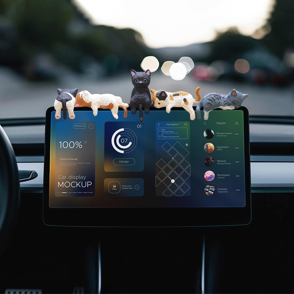 STHIRA Central Touchscreen Ornaments for Tesla featuring 5 PVC Cartoon Cat Charms | Cute Dashboard Decoration