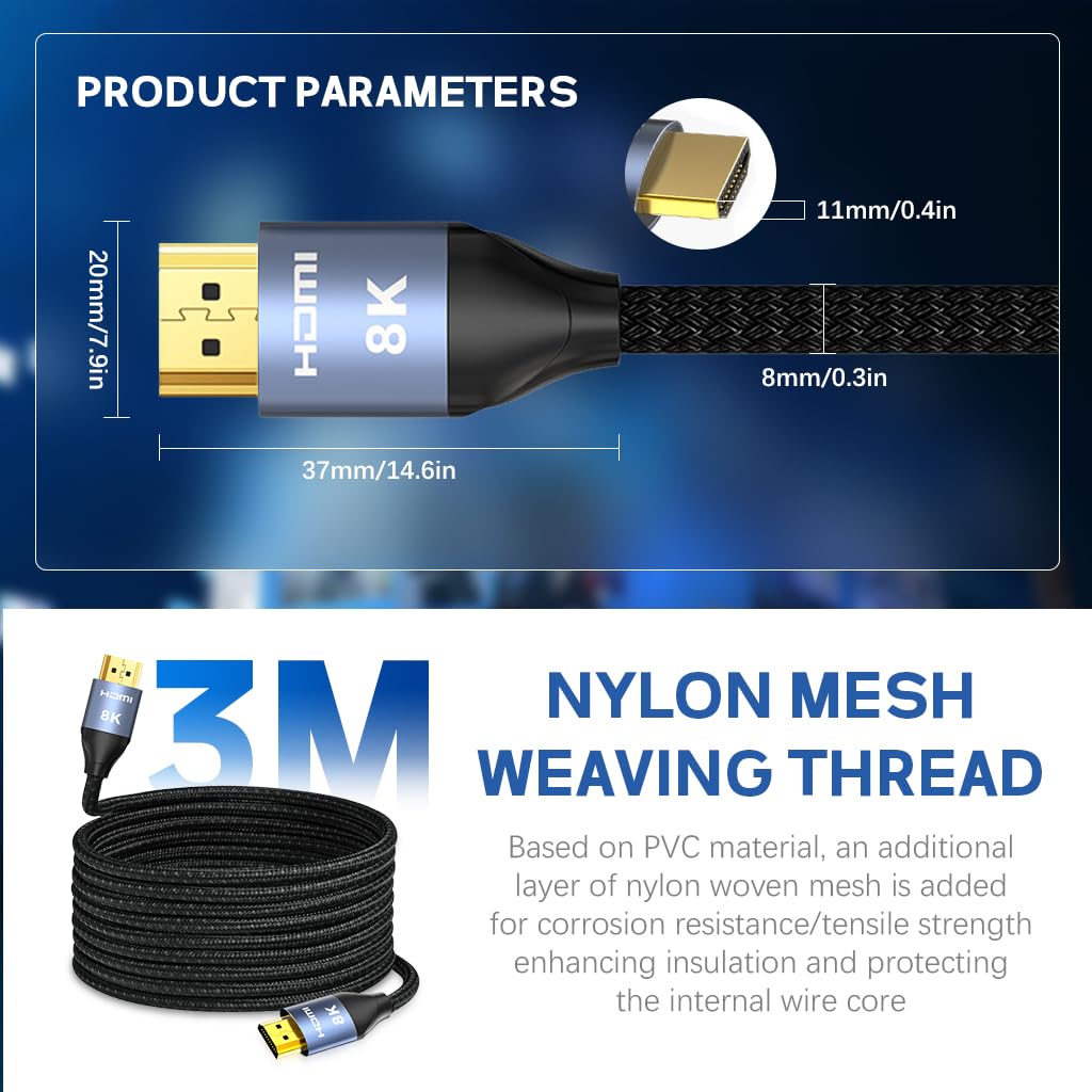 Verilux 8K HDMI 2.1 Cable 9.8 ft for Gaming and Streaming with 48Gbps Speed & Aluminum Alloy Shell