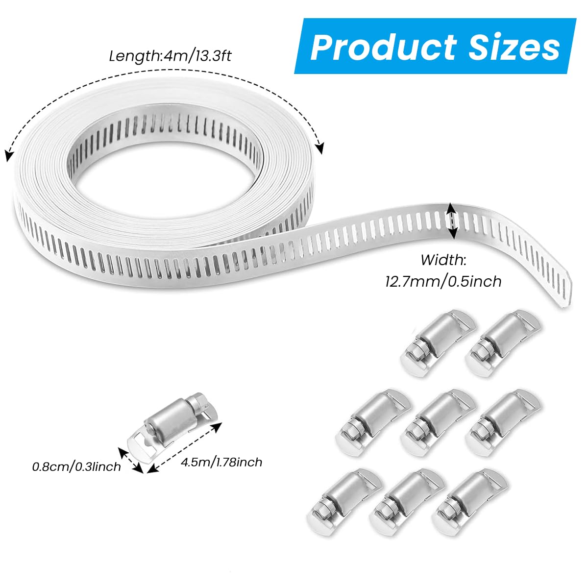 Serplex® 13.3ft Hose Clamp Roll DIY Hose Clamp Roll 304 Stainless Steel Hose Clamp with 8 Fastening Bolts Attachment Cuttable Hose Clamp Hose Clamp Band for Plumbing, Pipe Repairing, DIY