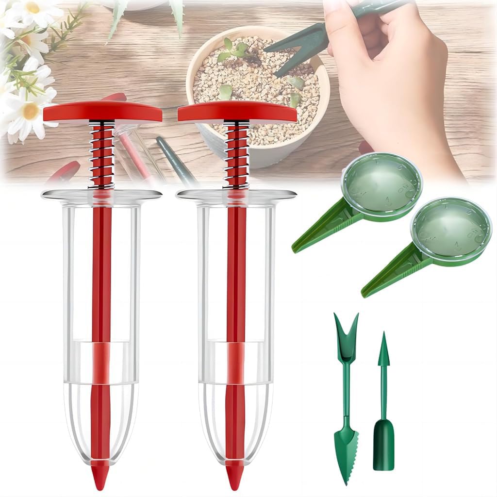 HASTHIP Mini Seed Spreader Set for Gardening with 6 Pcs Tools featuring Adjustable Dispensers | Includes Dibble Stick and Seeding Trowel