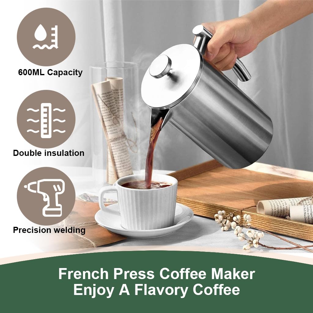 Supvox® French Press Coffee Maker 600ML with Coffee Power Jar Double Insulated 304 Stainless Steel Coffee Maker with 4 Level Premium Filtration System Tea Pot Coffee Pot Rust-Free, Dishwasher Safe