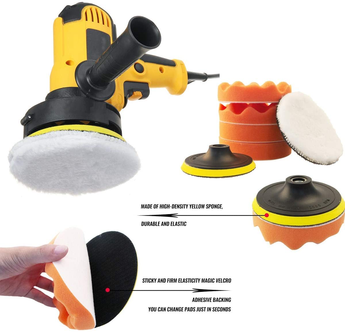 125mm Electric Car Polisher Machine for Car and Home Use with 700w Motor and Variable Speed | Includes 5 Sponge Pads and 2 Wool Pads