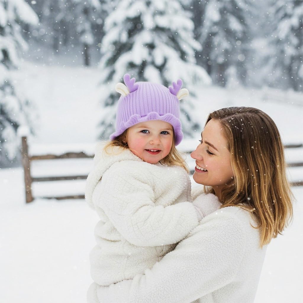 Zibuyu Knitted Baby Deer Antler Hat with Chin Strap for 3–24 Months | Soft Wool Beret
