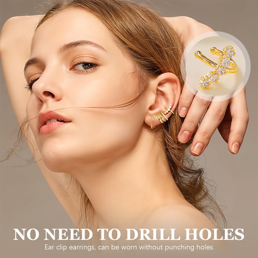 SANNIDHI Ear Cuff Earrings for Women featuring 3 Pairs Gold Cubic Zirconia Non Piercing Set | Hypoallergenic Gift Jewelry
