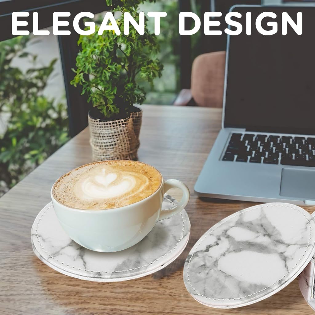 HASTHIP Leather Coasters for Drinks with Holder featuring Non Slip Cork Base | 6Pcs 3.9 in Marble Design